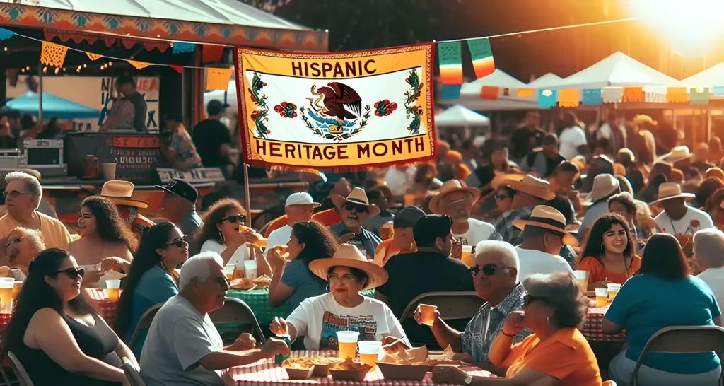 Colorful celebration of Hispanic Heritage Month featuring traditional Hispanic symbols, flags, and cultural elements representing Latin American countries.